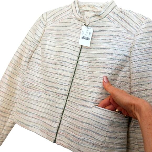 J.Crew Suiting Classy Short Jacket Sz 4 BEIGE Metallic Tweed Zip Pockets Luxury - Picture 14 of 16